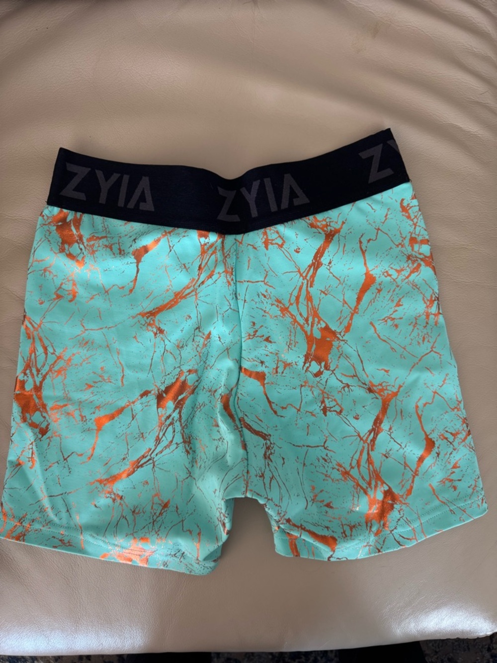 Zyia Aqua & Gold Marble Active Shorts View 2
